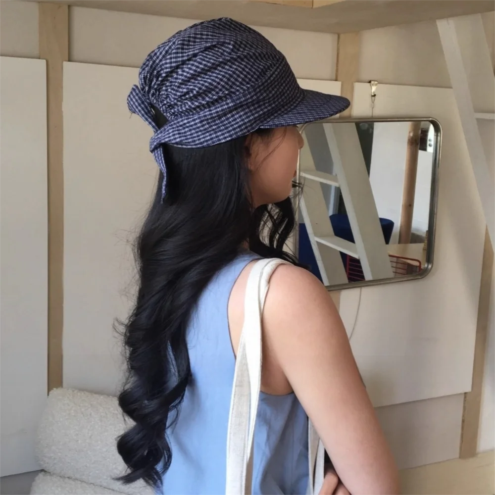 Simple Rural Style Headscarf Baseball Hat Plaid Lace Sunscreen Headscarf Hat Sun Cap Scarf Peaked Cap Strappy Bandana Cap Daily