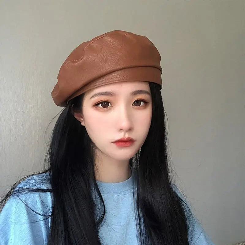 New PU Leather Beret Vintage Ladies Artist Hat Flat Top Y2K Streetwear Octagonal Cap Windproof Winter Beret Women Painter Caps