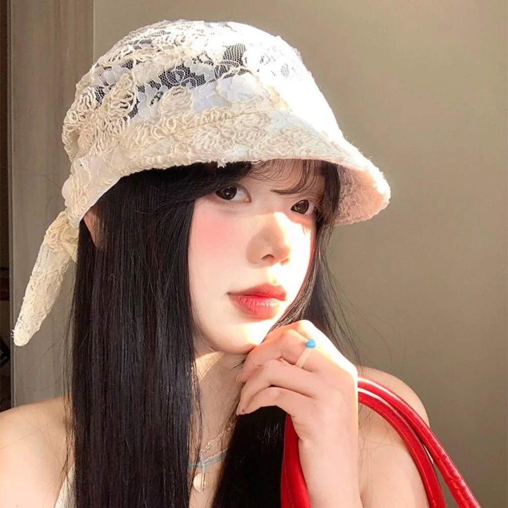 Simple Rural Style Headscarf Baseball Hat Plaid Lace Sunscreen Headscarf Hat Sun Cap Scarf Peaked Cap Strappy Bandana Cap Daily