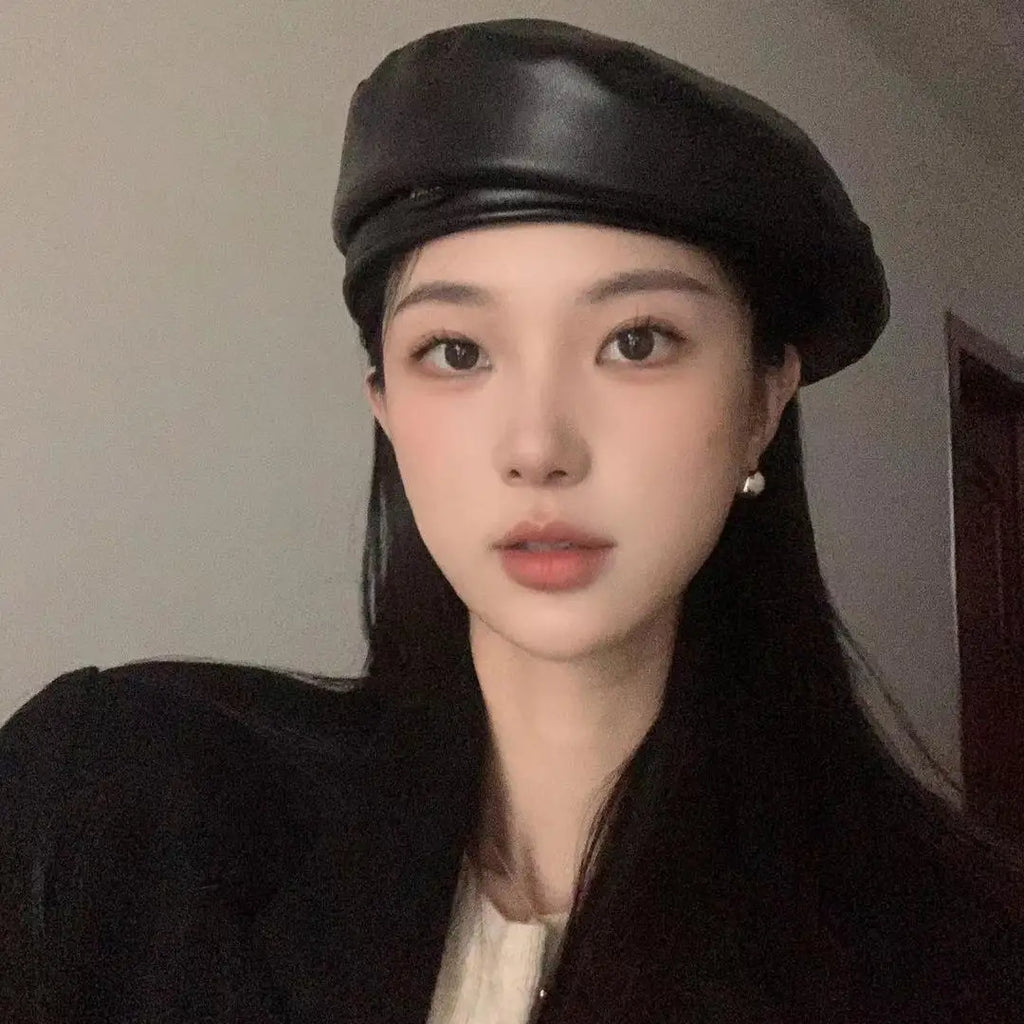 New PU Leather Beret Vintage Ladies Artist Hat Flat Top Y2K Streetwear Octagonal Cap Windproof Winter Beret Women Painter Caps