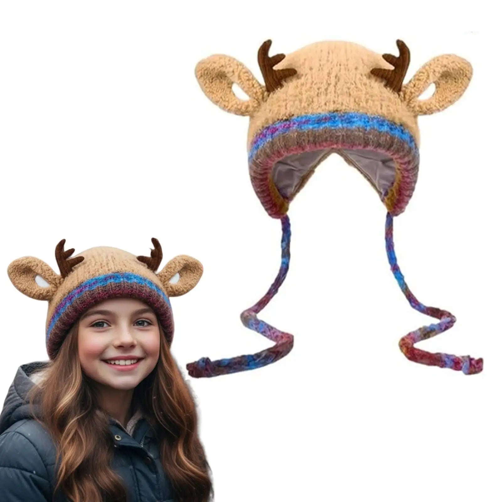 2 In 1 Deer Storage Hat Windproof Reindeer Beanie Cap Foldable Soft Knitted Plush Hat Women Autumn Winter Handbag