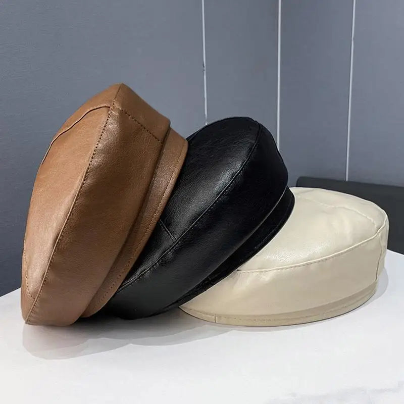 New PU Leather Beret Vintage Ladies Artist Hat Flat Top Y2K Streetwear Octagonal Cap Windproof Winter Beret Women Painter Caps