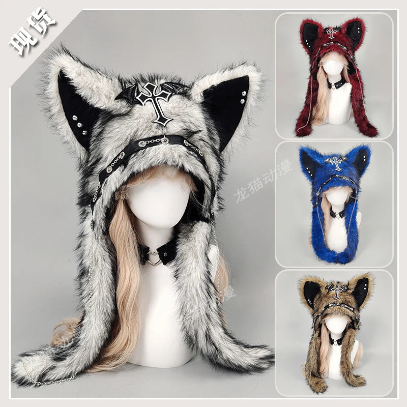 New Gothic Punk Cat Ear Hat with Cross Wing Chain Decoration Plush Warm Winter Cap for Alternative Girls Y2K Rock Music Festival