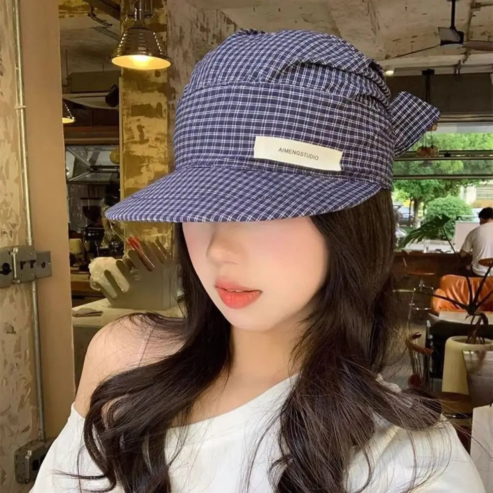 Simple Rural Style Headscarf Baseball Hat Plaid Lace Sunscreen Headscarf Hat Sun Cap Scarf Peaked Cap Strappy Bandana Cap Daily