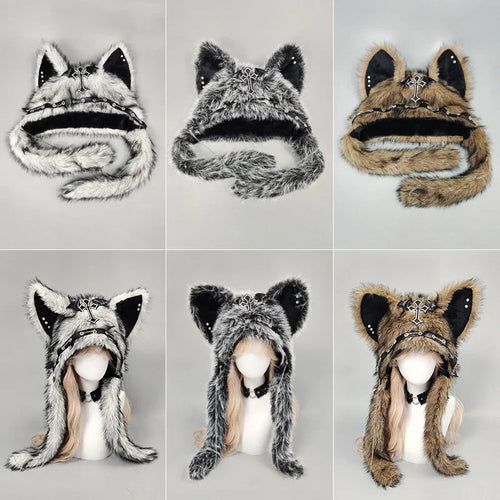 New Gothic Punk Cat Ear Hat with Cross Wing Chain Decoration Plush Warm Winter Cap for Alternative Girls Y2K Rock Music Festival